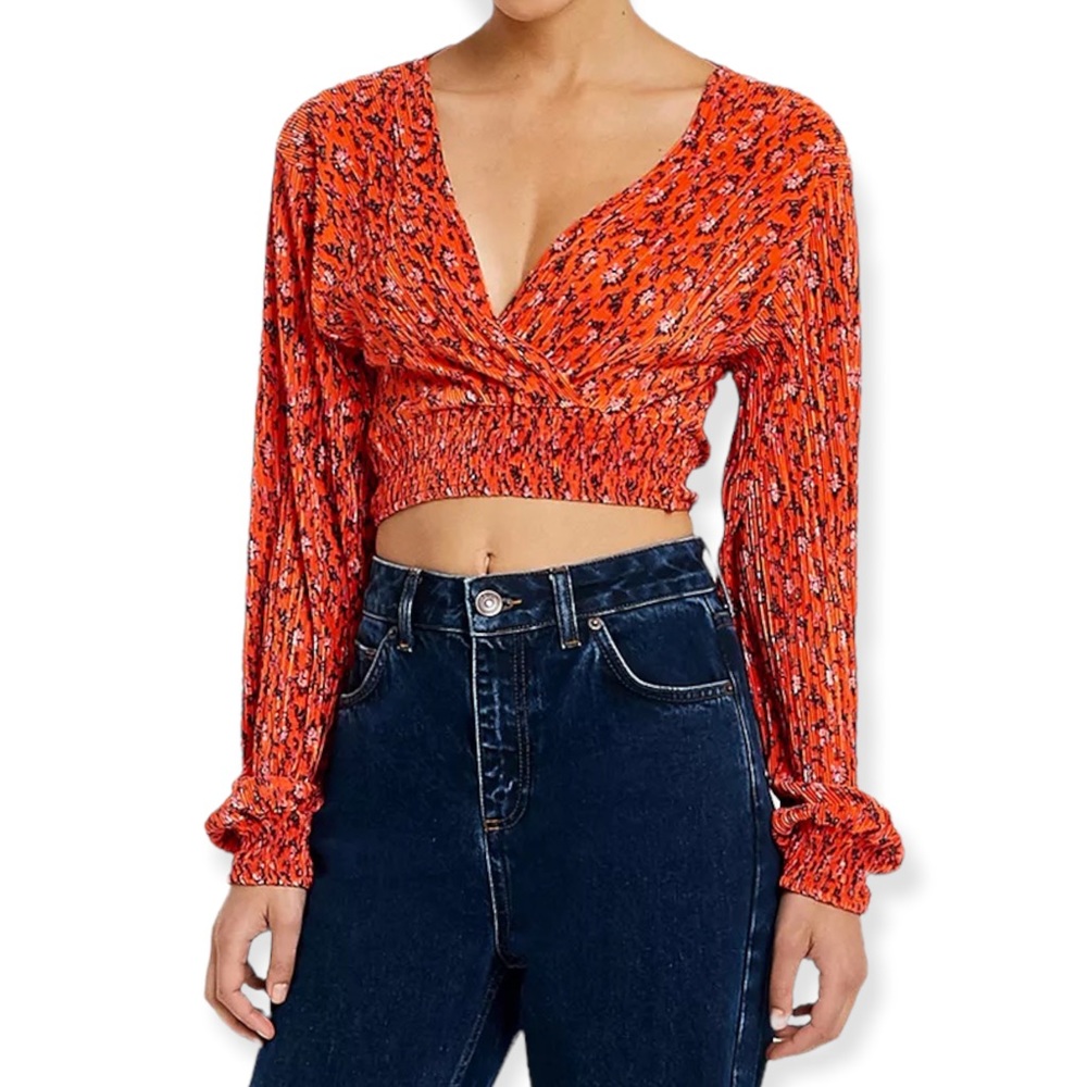 Urban Outfitters long sleeve orange floral print plisse wrap crop top size XS